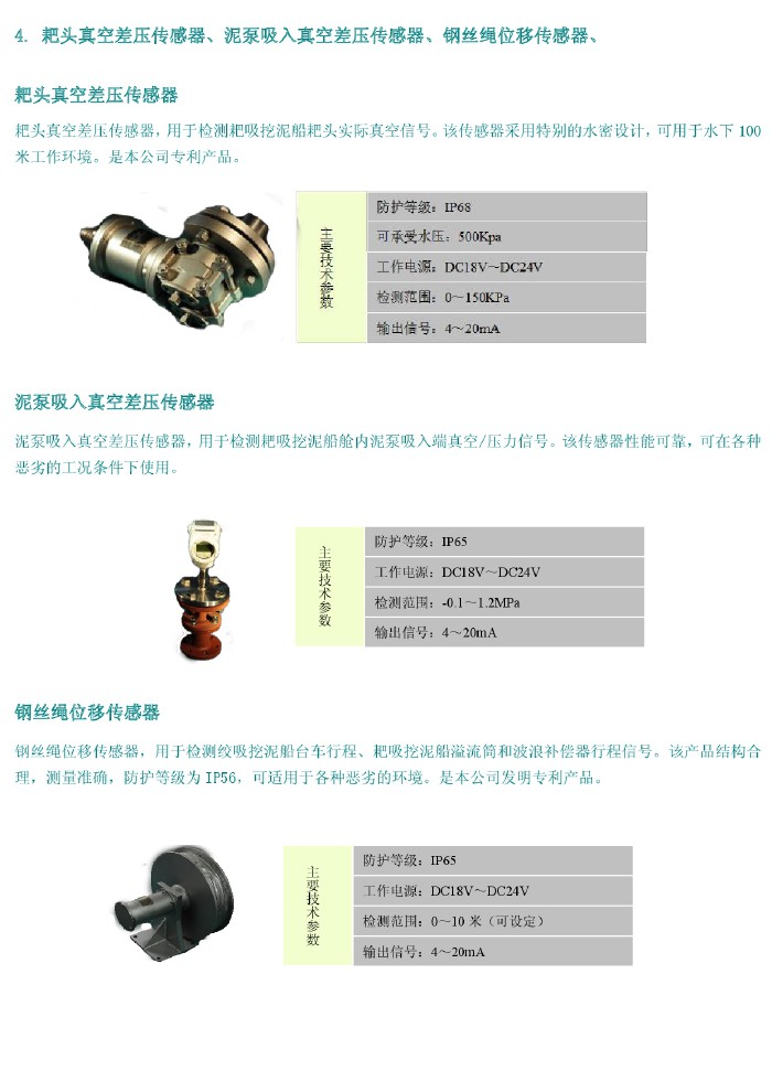 耙頭真空差壓傳感器、泥泵吸入真空差壓傳感器、鋼絲繩位移傳感器、